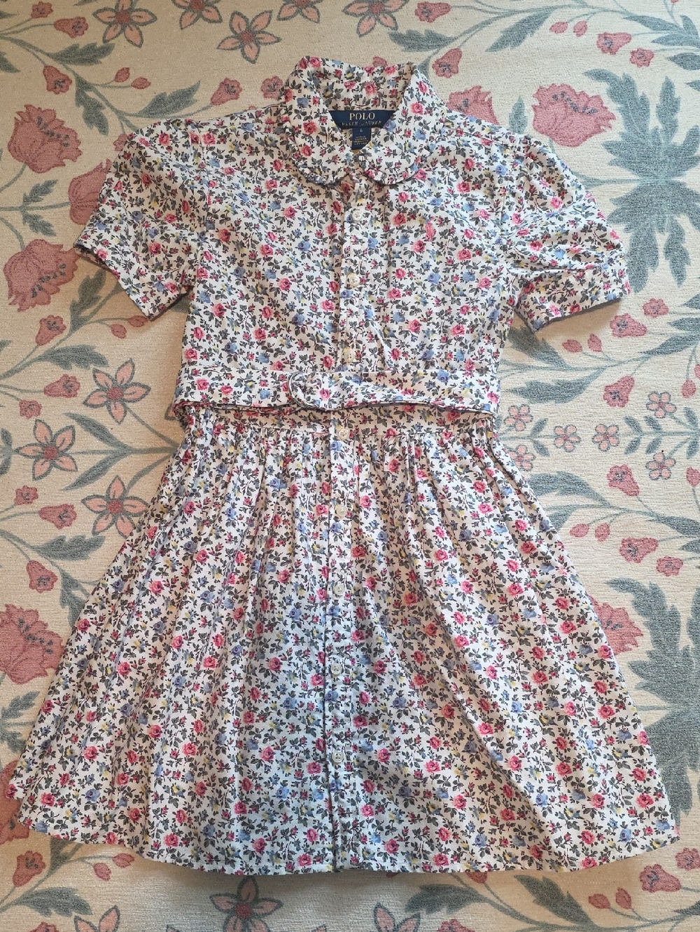 Polo by Ralph Lauren White Floral Button-Front Dress with Pink & Blue Blooms